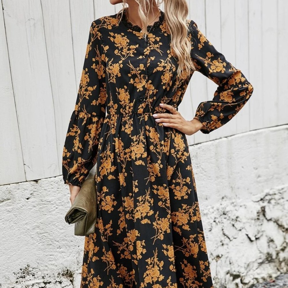 Allover Floral Lace Trim Button Up Shirt Dress - Picture 3 of 5